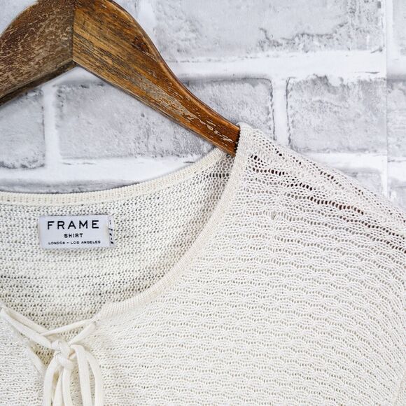 FRAME Women's Le Crochet Lace up Neck Blouse in Beige Size Small - Picture 2 of 9